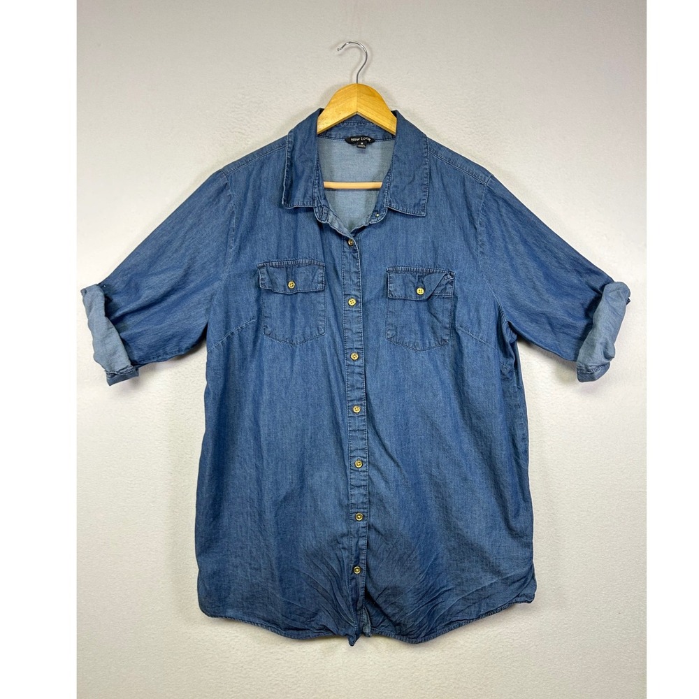 Casual Utility New Look Womens 1X Blue Chambray Denim Roll-Tab Button Down Shirt